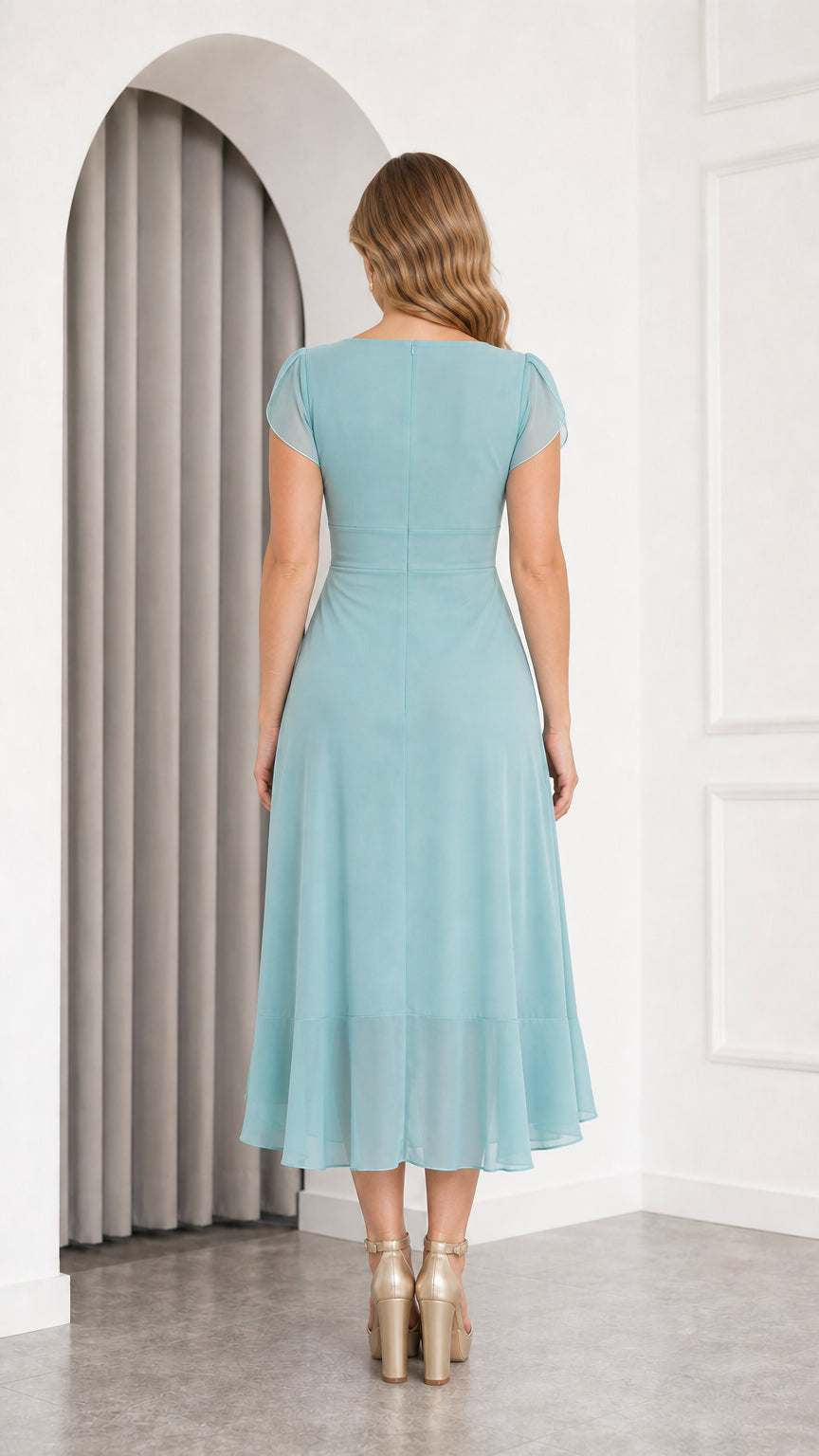 Back view of model wearing dusty blue chiffon midi dress showing back neckline and hem