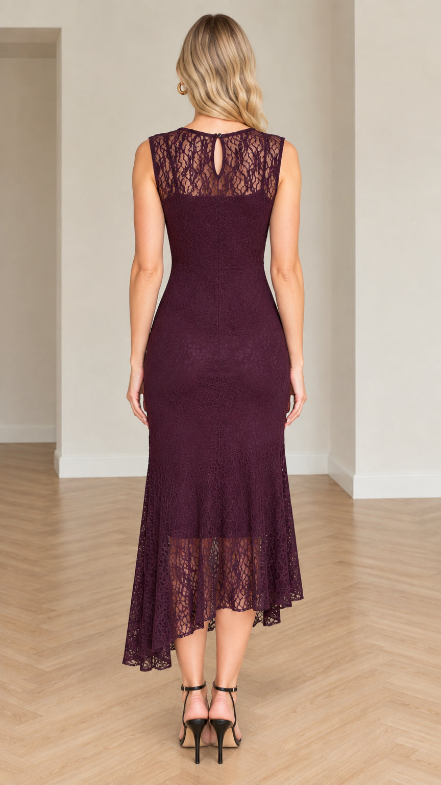 Back view of plum lace midi dress featuring back keyhole button detail
