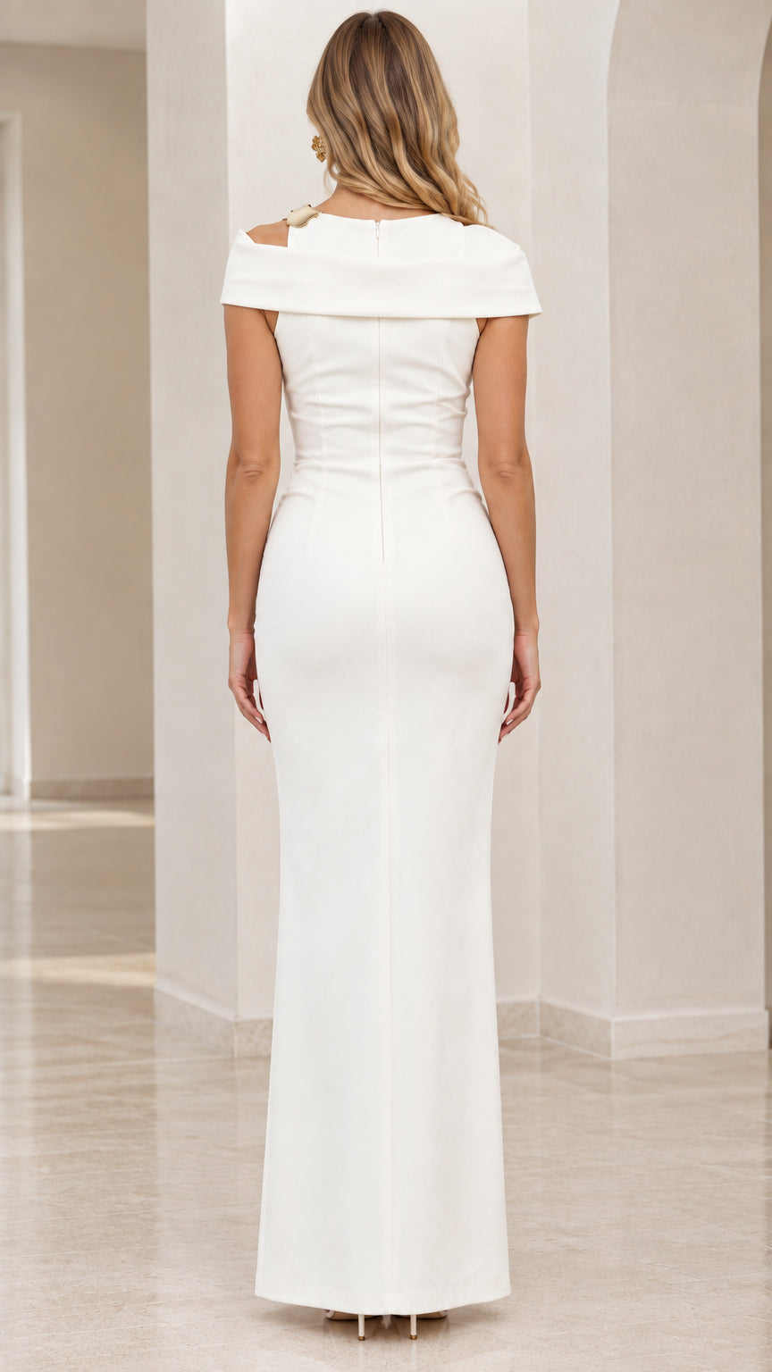 Back view of white fitted maxi dress with concealed zipper