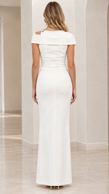 Back view of white fitted maxi dress with concealed zipper