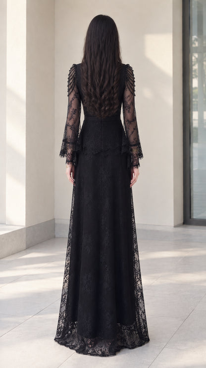 Black lace peplum maxi dress back view showing zipper and full skirt
