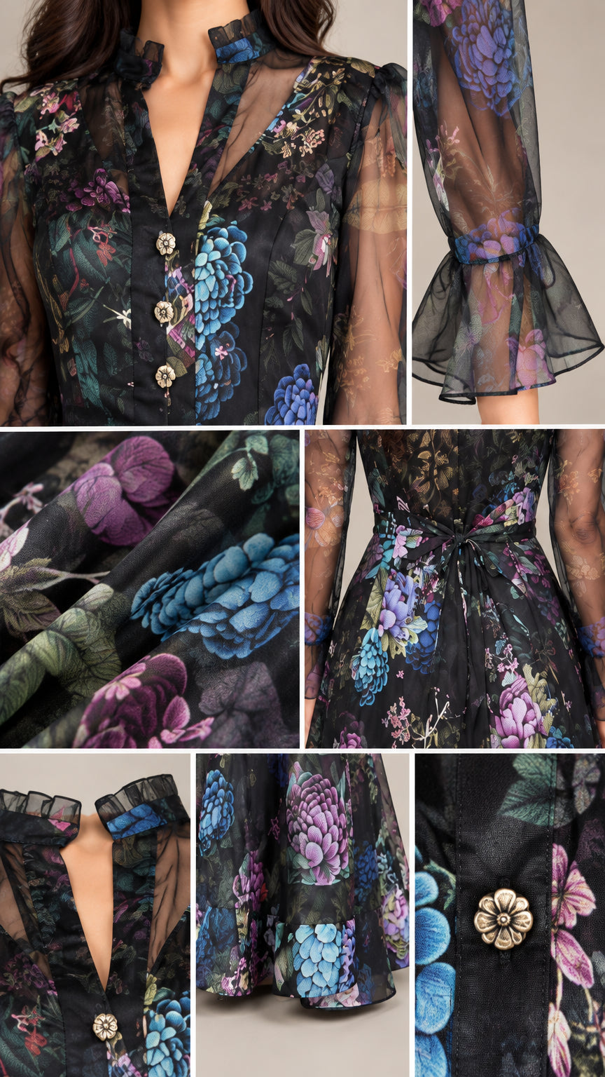 Close-up details of ruffled neckline, ornate buttons, and sheer sleeve cuffs