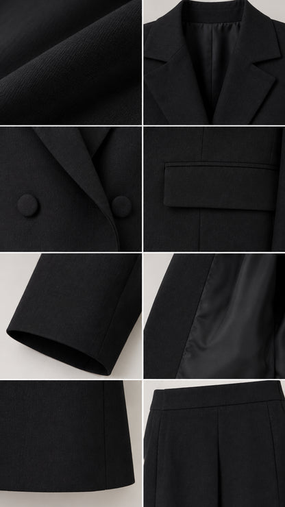 Close-up detail shots showing fabric texture, lapel, covered buttons, pockets, cuffs, and lining of black suit set