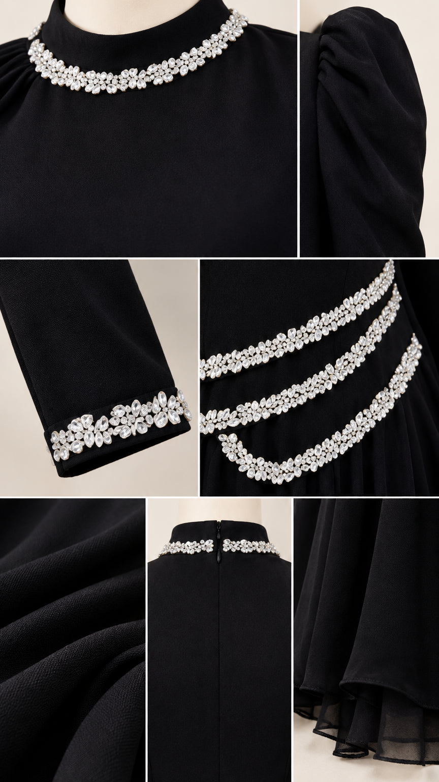 Close-up details of rhinestone neckline, cuffs, and waist embellishments