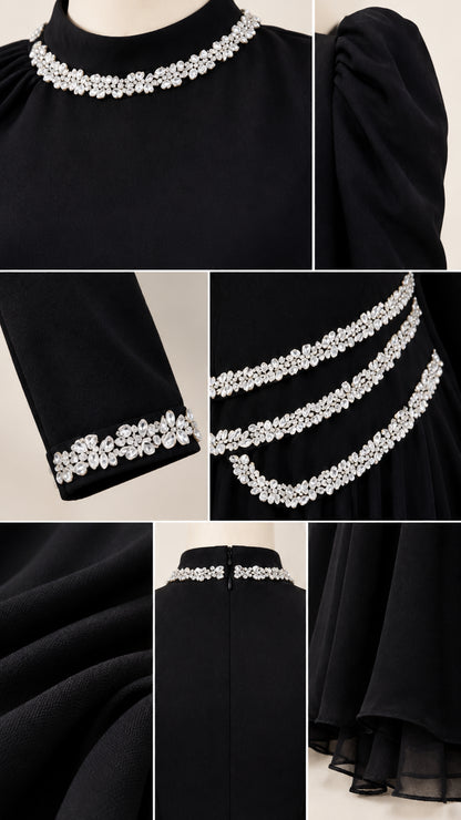 Close-up details of rhinestone neckline, cuffs, and waist embellishments