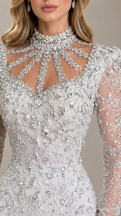 Close-up of intricate beading and sunburst cutout mock collar on evening gown