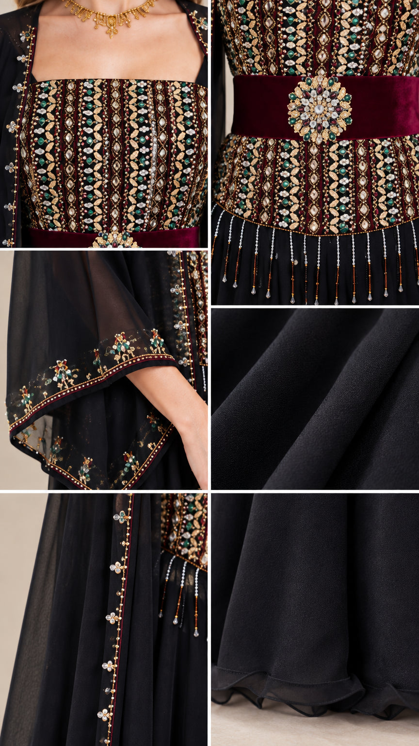 Close-up details of beaded square neckline bodice, crystal brooch belt, and fringe trim