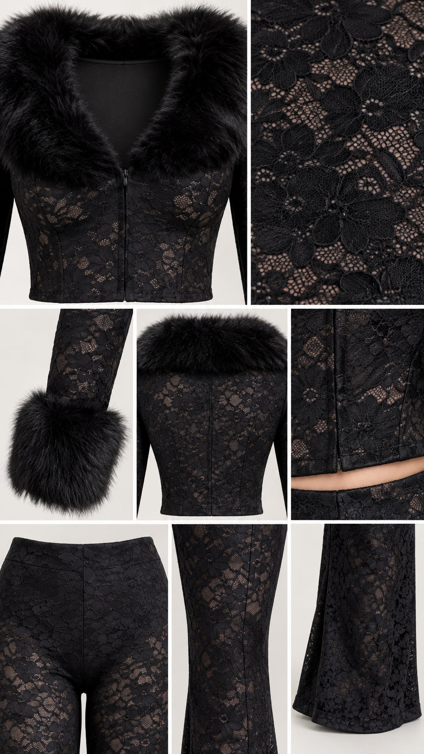 Close-up details of faux fur collar, cuffs, and floral lace fabric