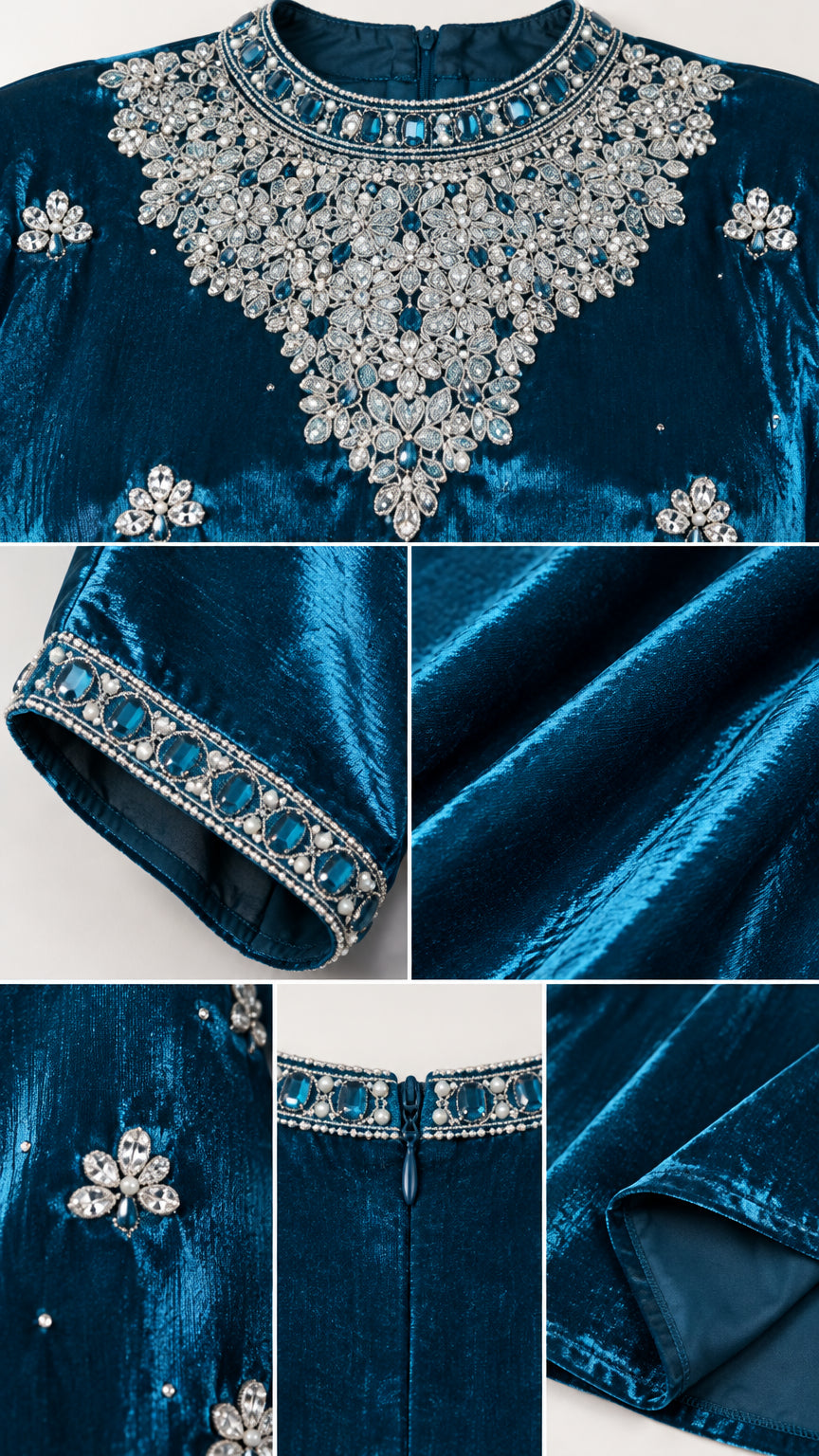 Close-up detail of beaded neckline, embellished cuffs, and fabric texture on velvet kaftan