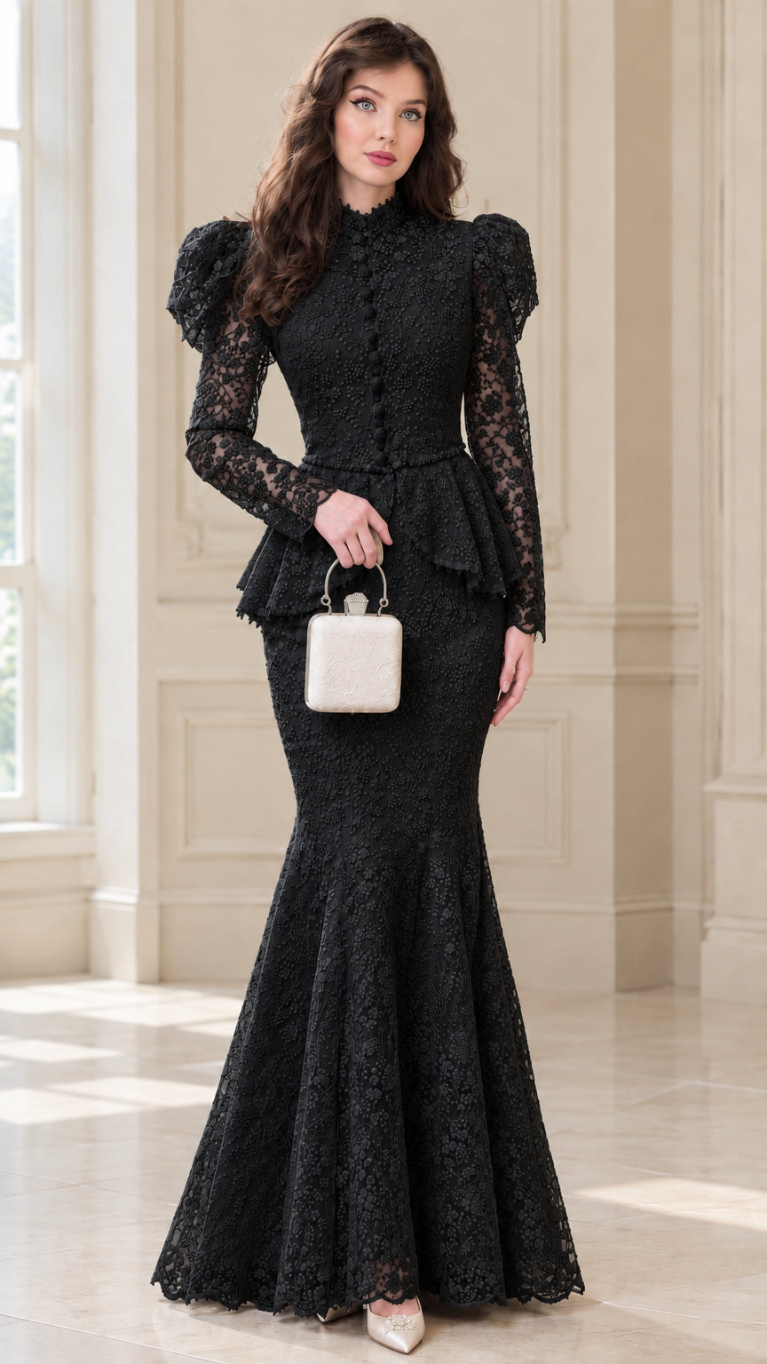 Model wearing Black high neck floral lace mermaid peplum evening dress