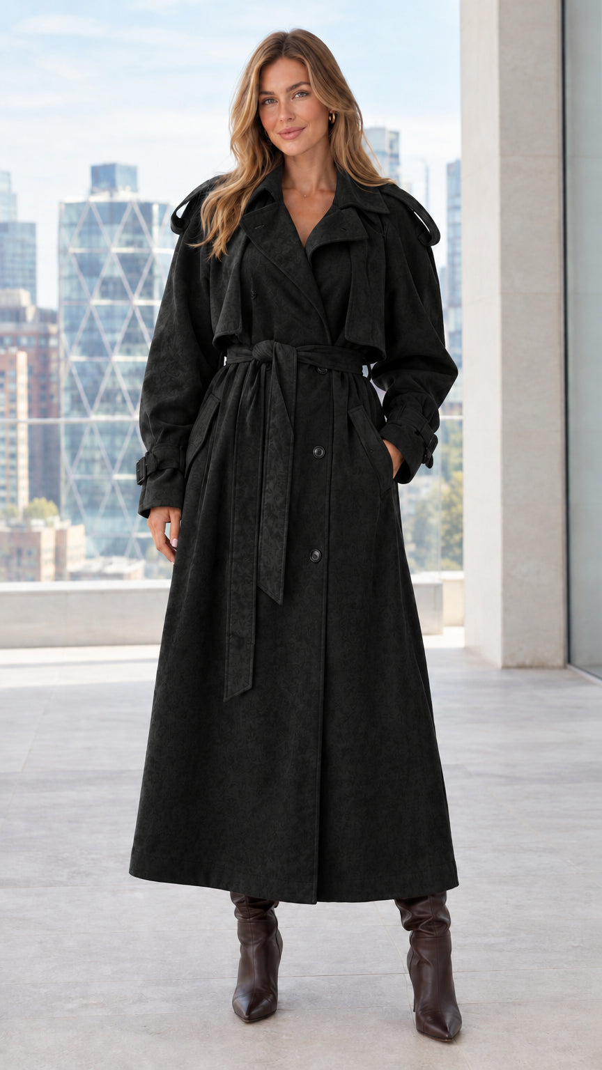 Front view of model wearing black maxi belted suede-look trench coat