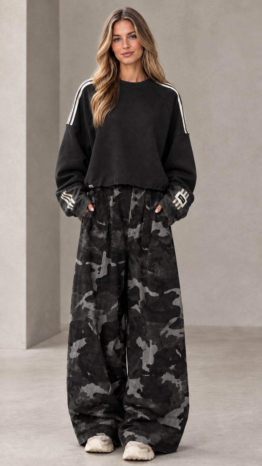 Black cropped sweatshirt and dark camo wide-leg pants two-piece set