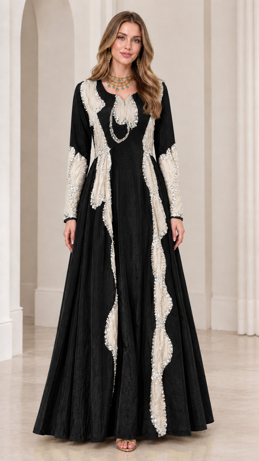 Black long sleeve formal maxi dress with cream embroidered accents