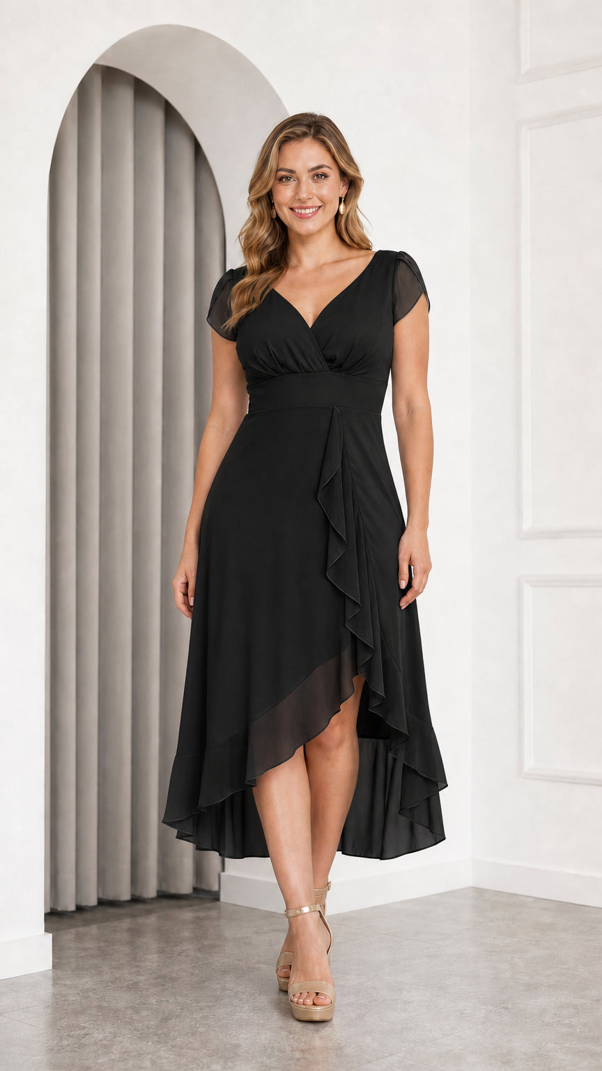 Front view of model wearing black V-neck flutter sleeve high-low midi dress