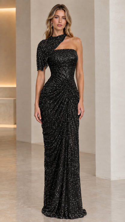 Black one-shoulder ruched sequin evening maxi gown