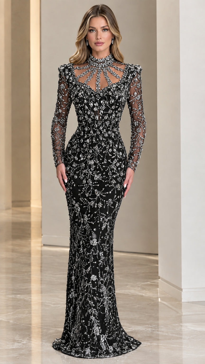 Model wearing Black crystal embellished long sleeve floor-length gown
