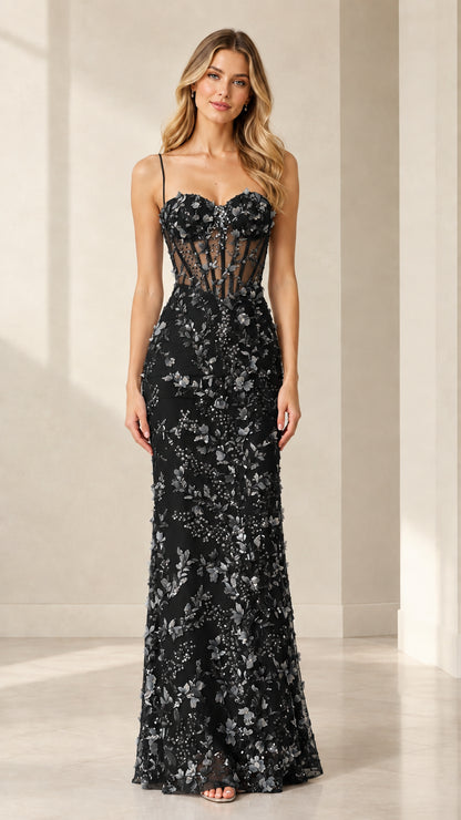 Full-length front view of model wearing Black 3D floral corset gown