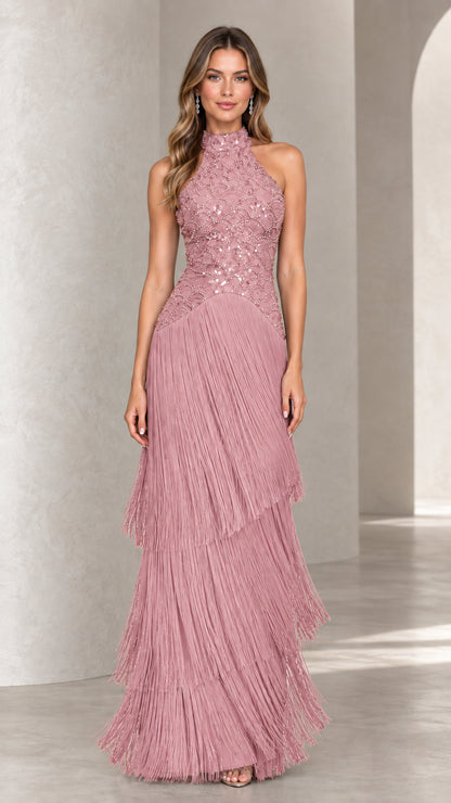 Front view of dusty rose pink halter sequin tiered fringe evening maxi dress