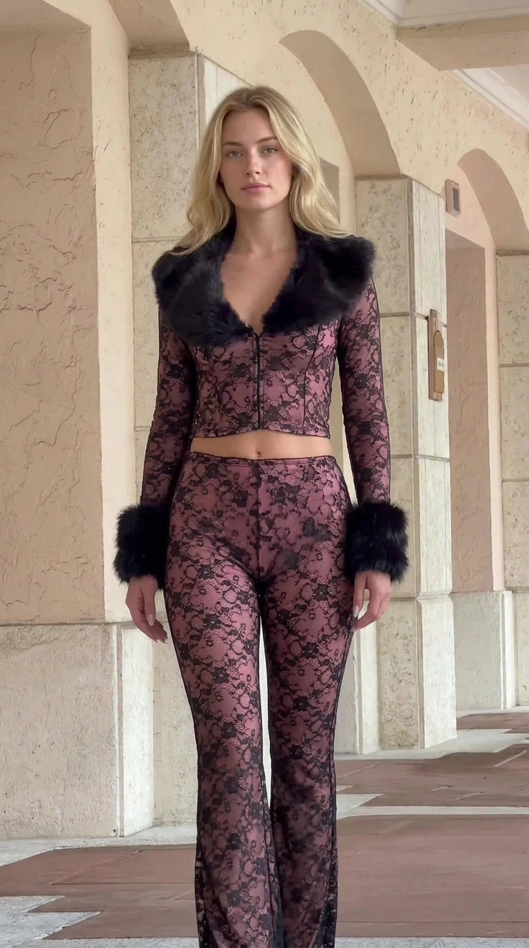 Full front view of Dusty Plum floral lace set with black fur trim