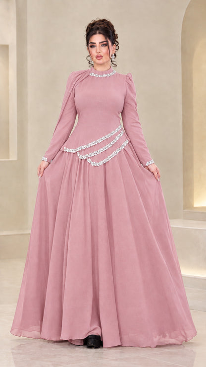 Front view of model wearing dusty pink rhinestone chiffon evening gown