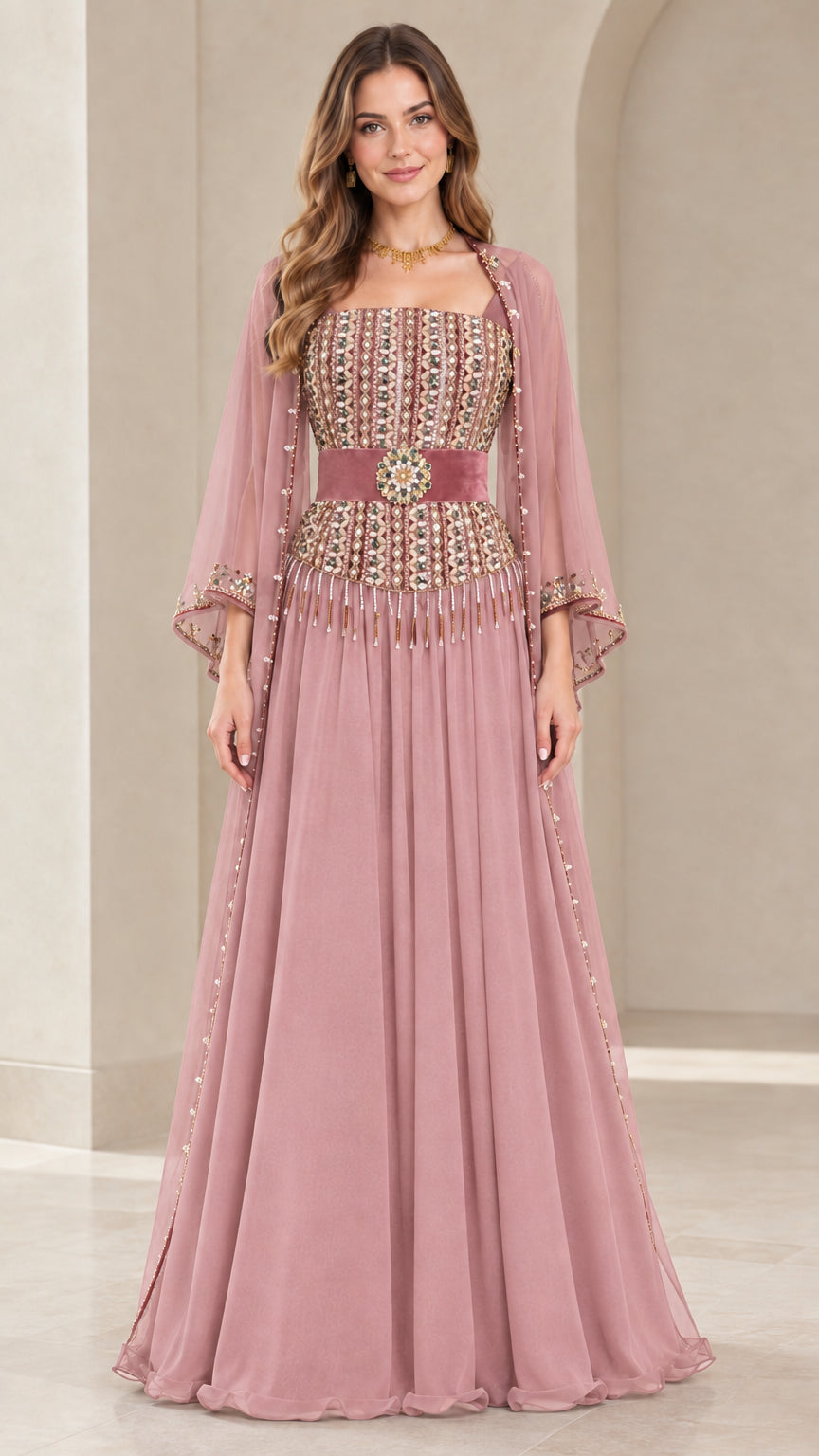 Dusty Pink embellished chiffon evening maxi dress with cape sleeves