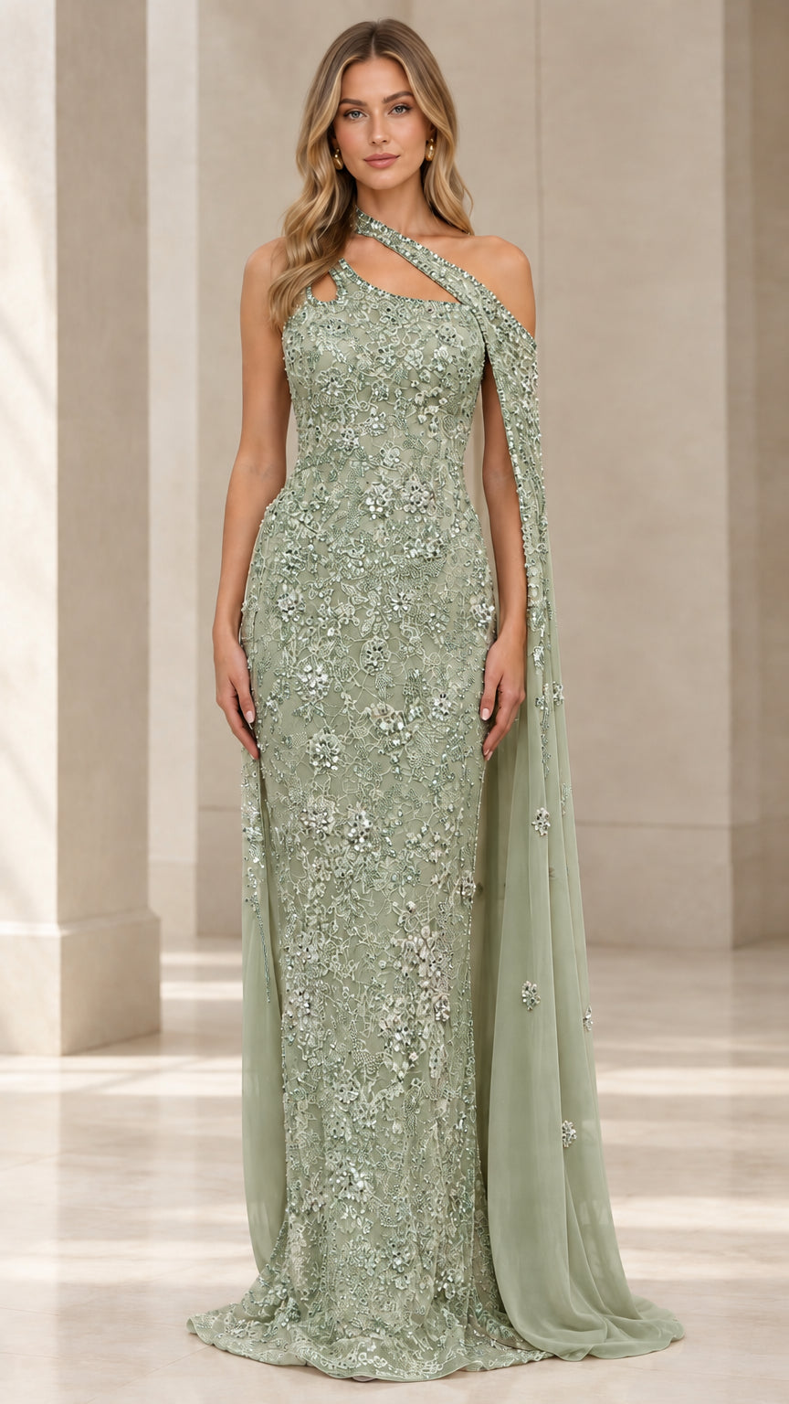 Front view of sage green crystal-beaded lace evening gown with asymmetrical cape