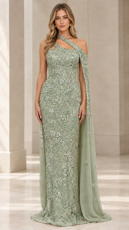 Front view of sage green crystal-beaded lace evening gown with asymmetrical cape