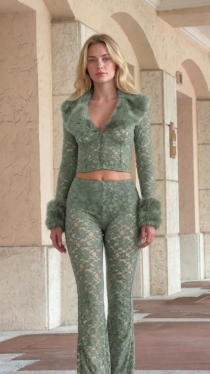 Full front view of Sage Green floral lace set with green faux fur trim