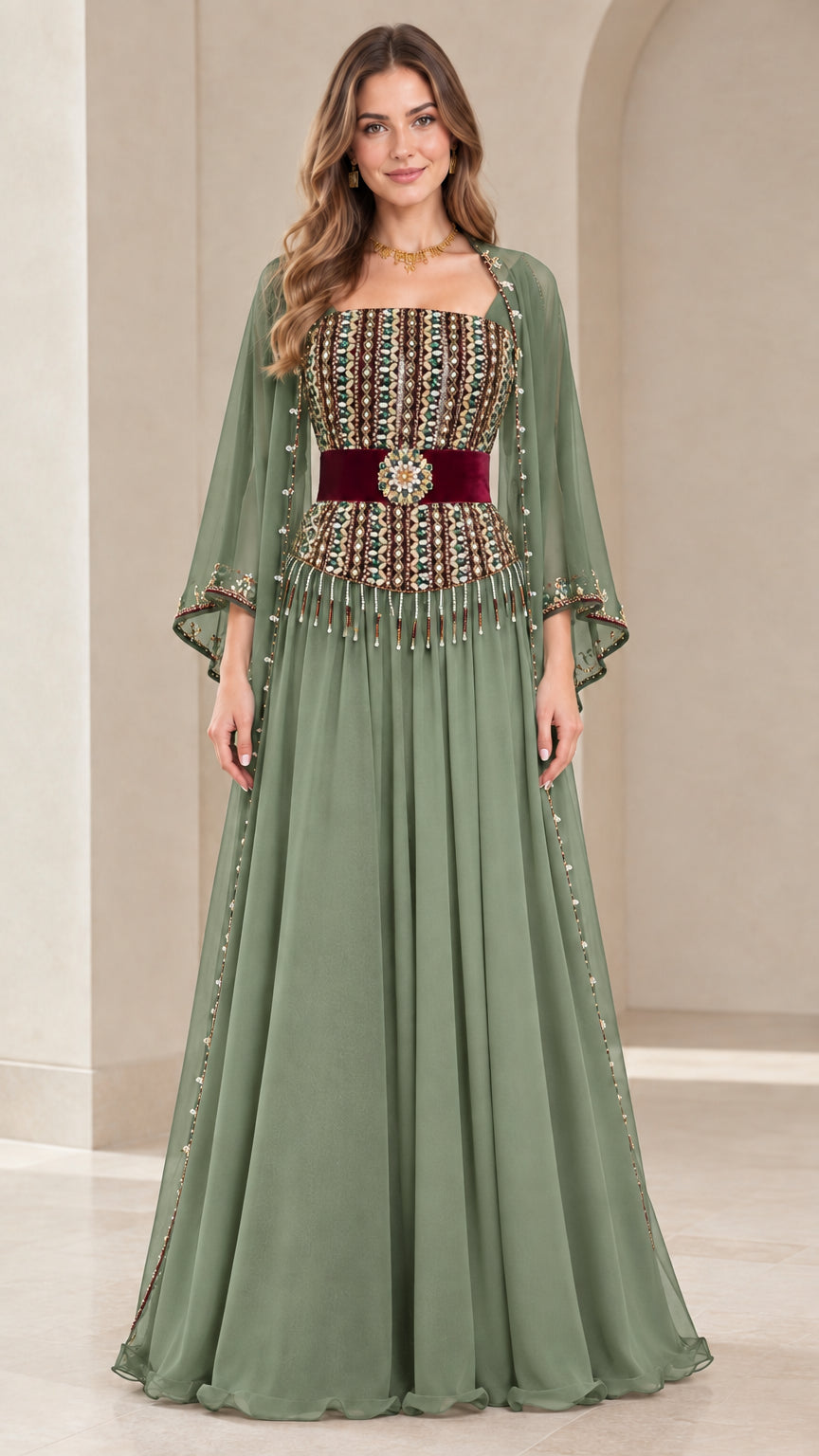 Sage Green embellished chiffon formal maxi dress with cape sleeves