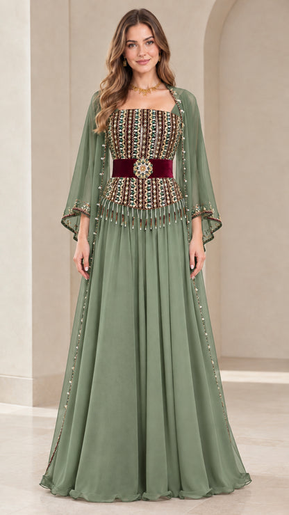 Sage Green embellished chiffon formal maxi dress with cape sleeves