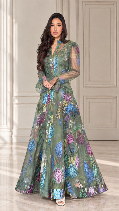 Sage green botanical print long sleeve evening gown