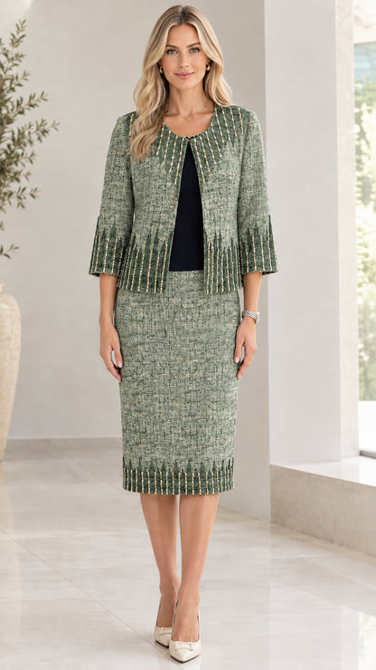 Front view of women wearing sage green tweed two-piece skirt suit set