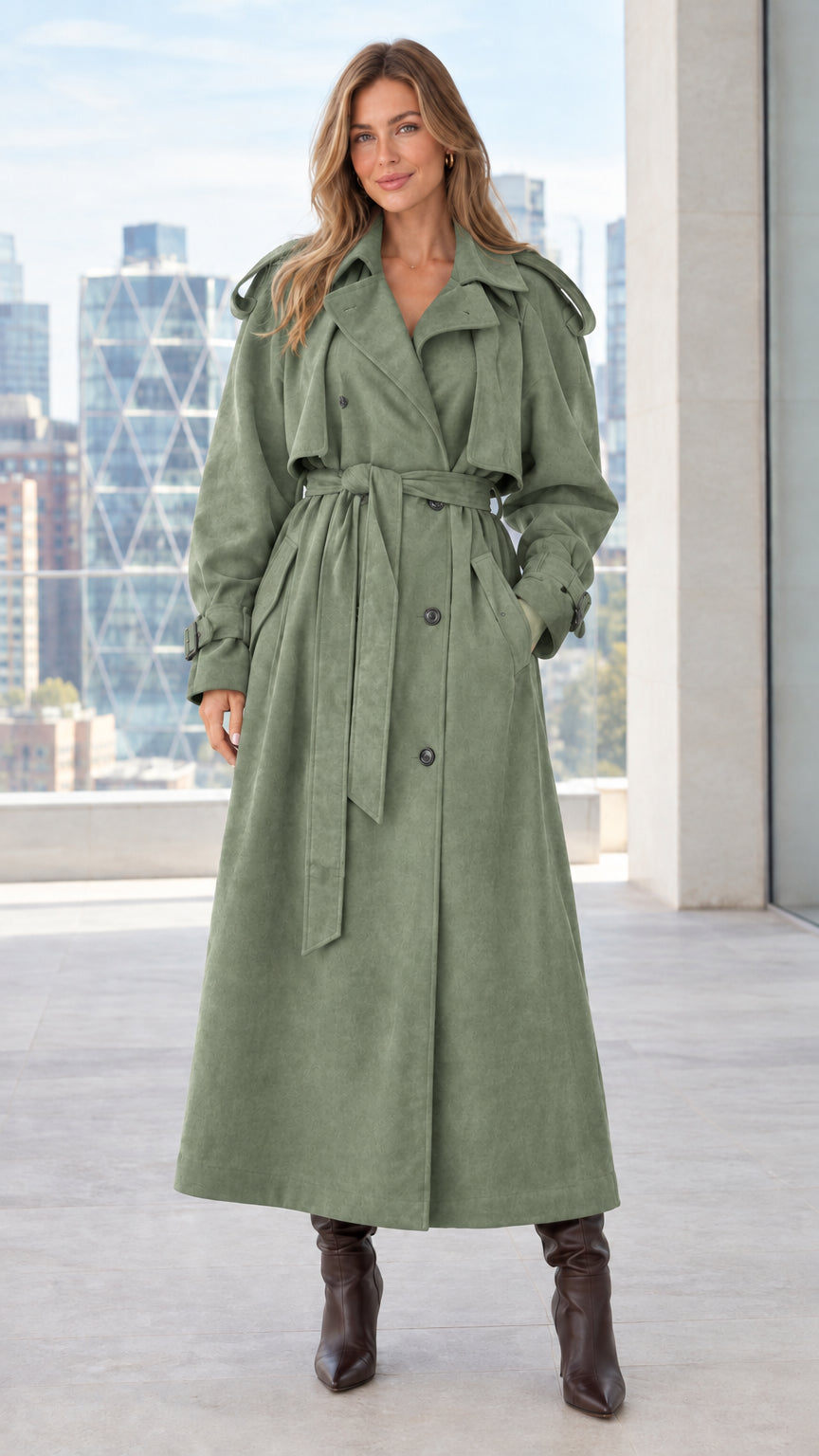 Front view of model wearing sage green maxi belted trench coat