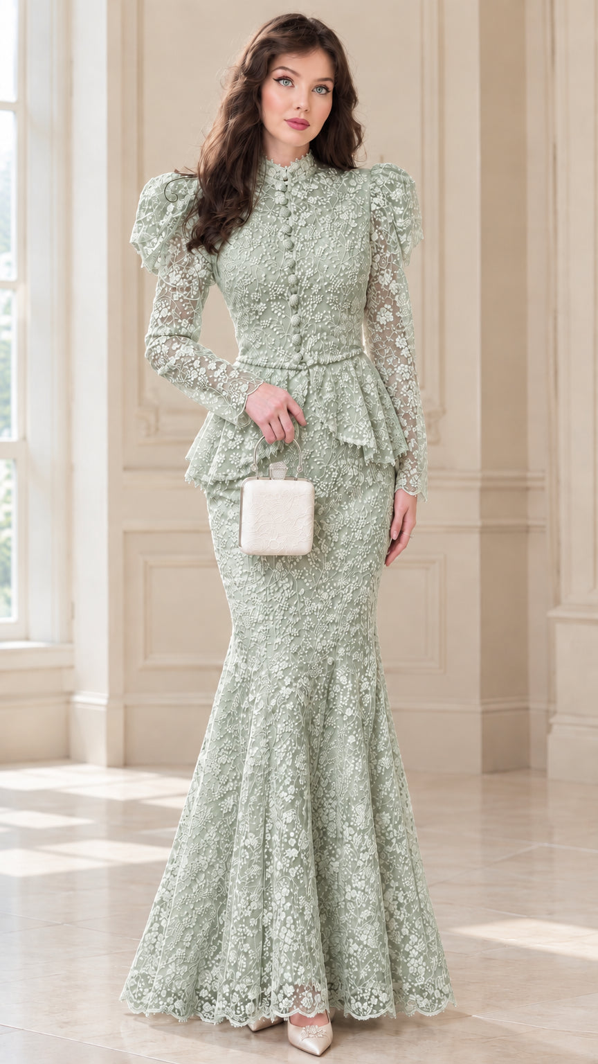 Model wearing Sage Green floral lace peplum mermaid evening gown