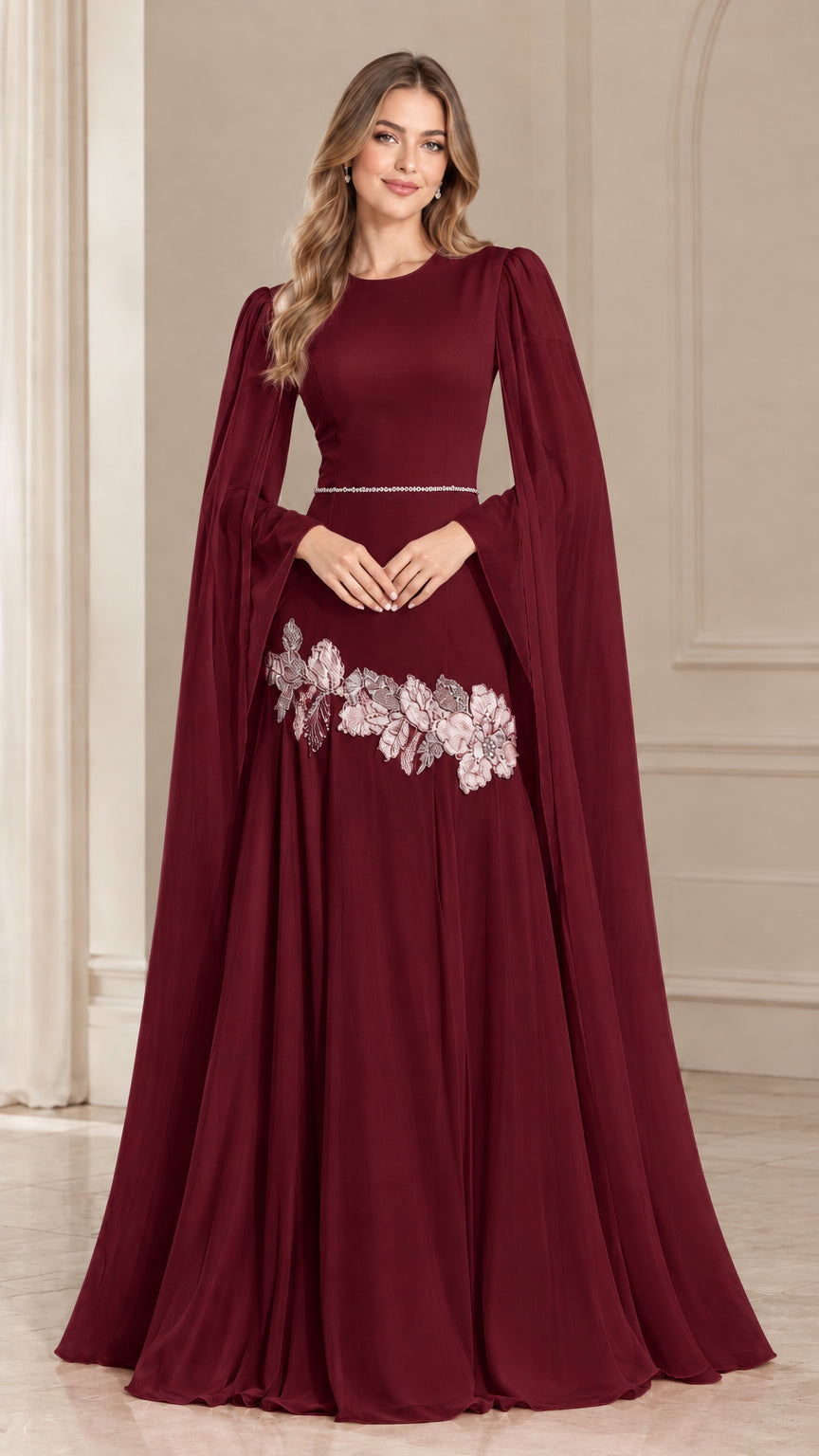 Model wearing Burgundy red cape sleeve formal evening dress