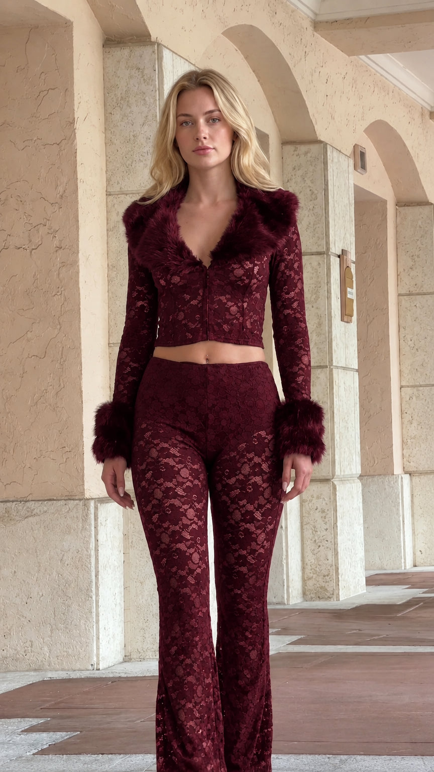Full front view of Burgundy floral lace set with matching wine fur trim
