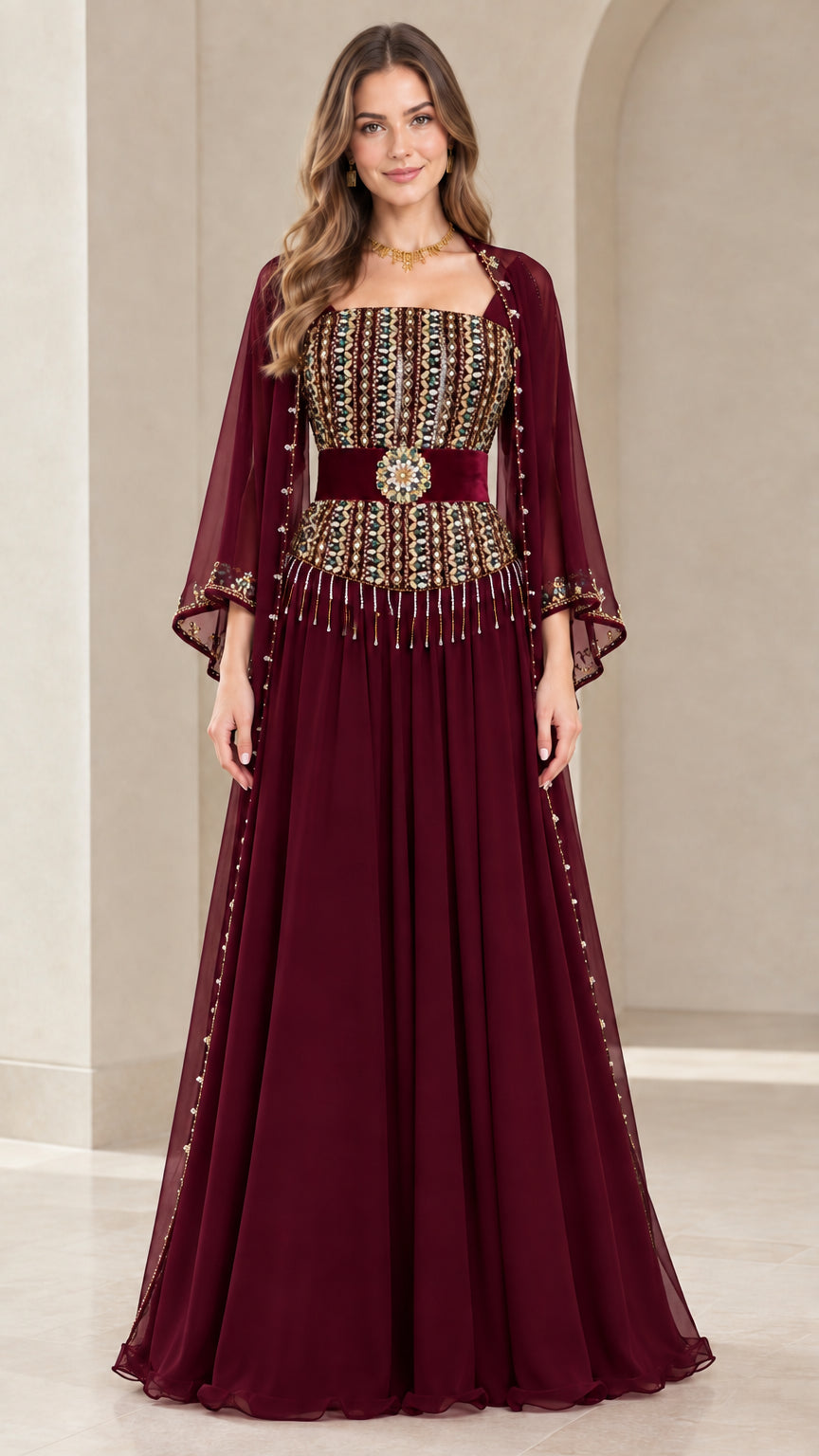Burgundy embellished chiffon evening gown with beaded fringe detail