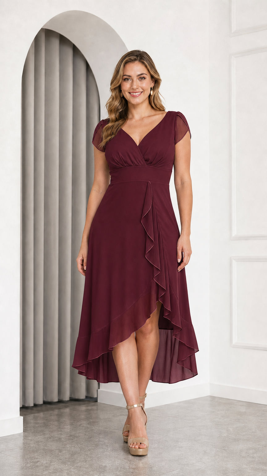 Front view of model wearing burgundy wine high-low chiffon formal dress