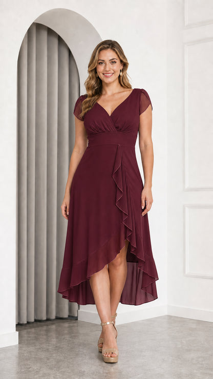 Front view of model wearing burgundy wine high-low chiffon formal dress