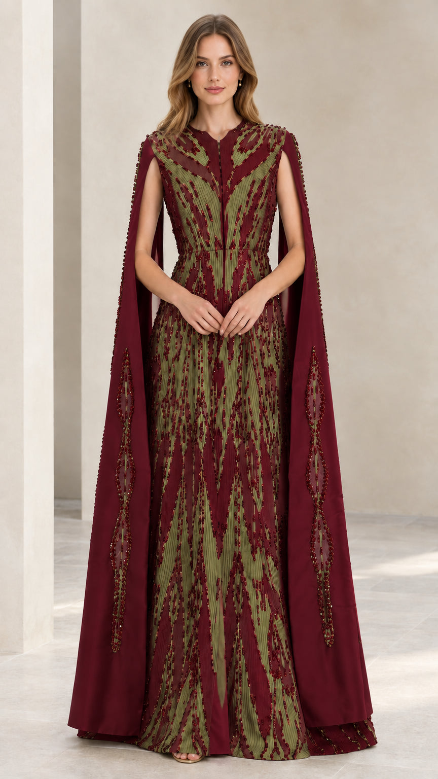 Model wearing burgundy red beaded cape sleeve formal gown