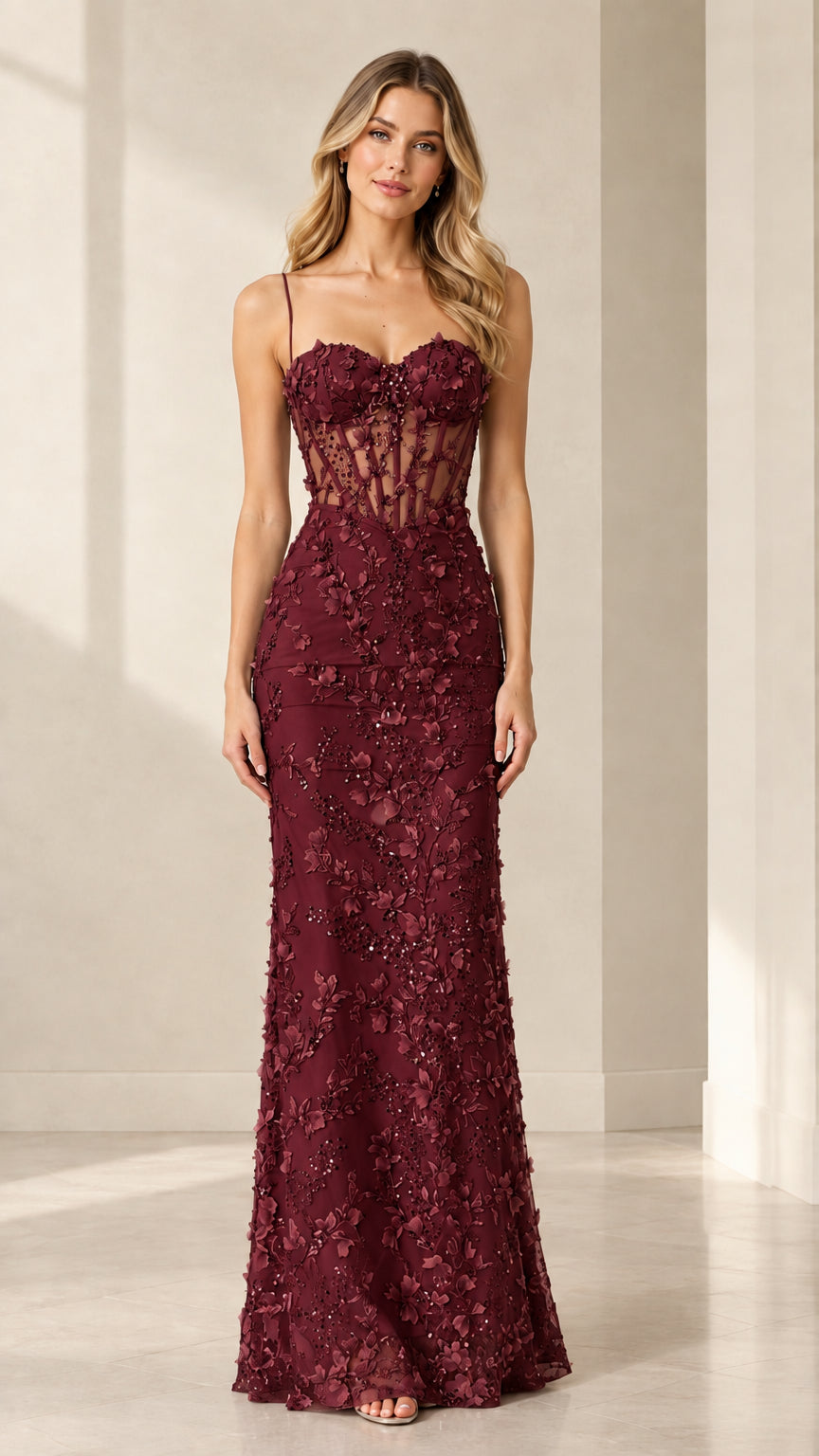 Full-length front view of model wearing Burgundy 3D floral corset gown