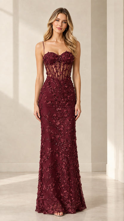 Full-length front view of model wearing Burgundy 3D floral corset gown