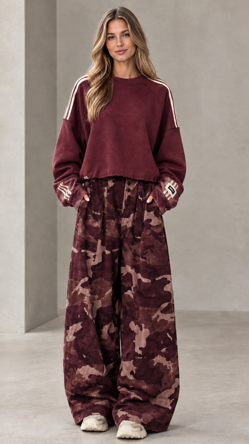 Burgundy cropped sweatshirt and maroon camouflage wide-leg pants set