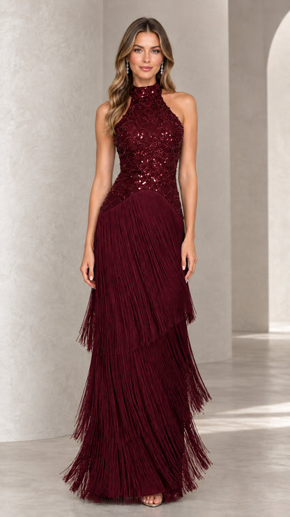 Front view of burgundy red halter sequin tiered tassel fringe evening dress