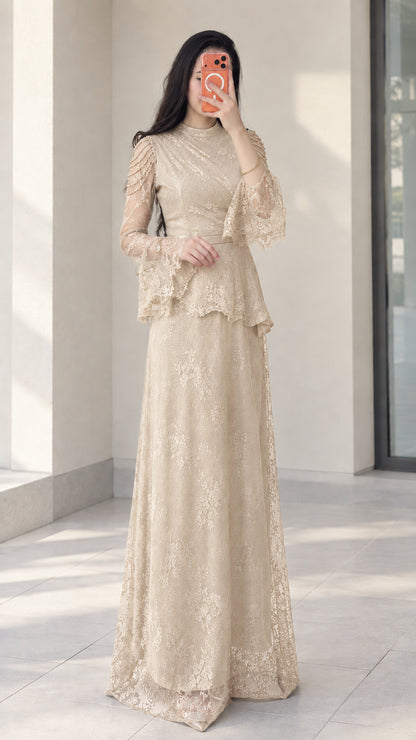 Champagne beige beaded lace peplum evening dress