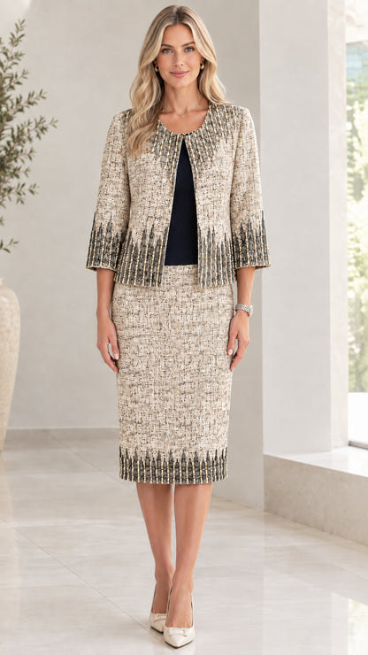 Front view of women wearing champagne beige tweed two-piece skirt suit set