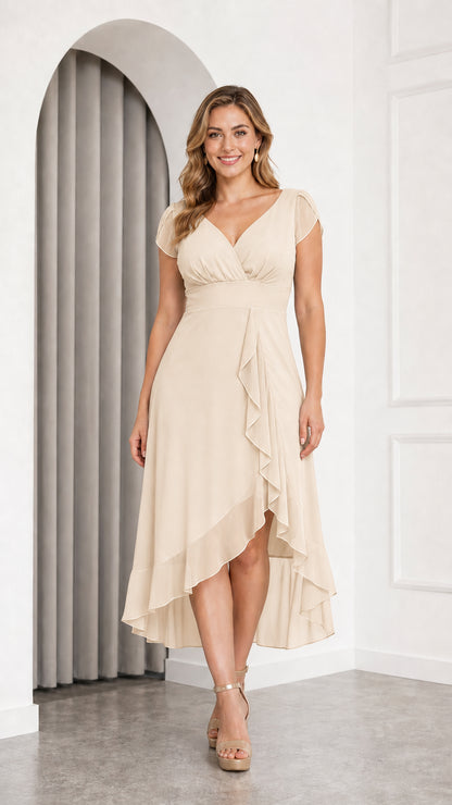 Front view of model wearing champagne beige high-low bridesmaid midi dress