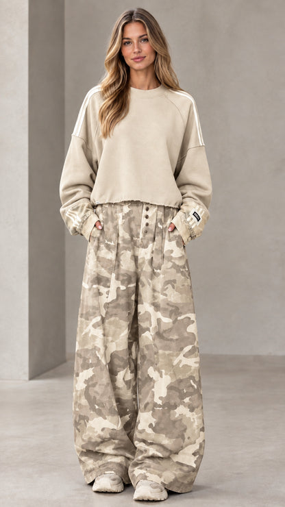 Sand beige cropped sweatshirt and light khaki camouflage wide-leg pants set